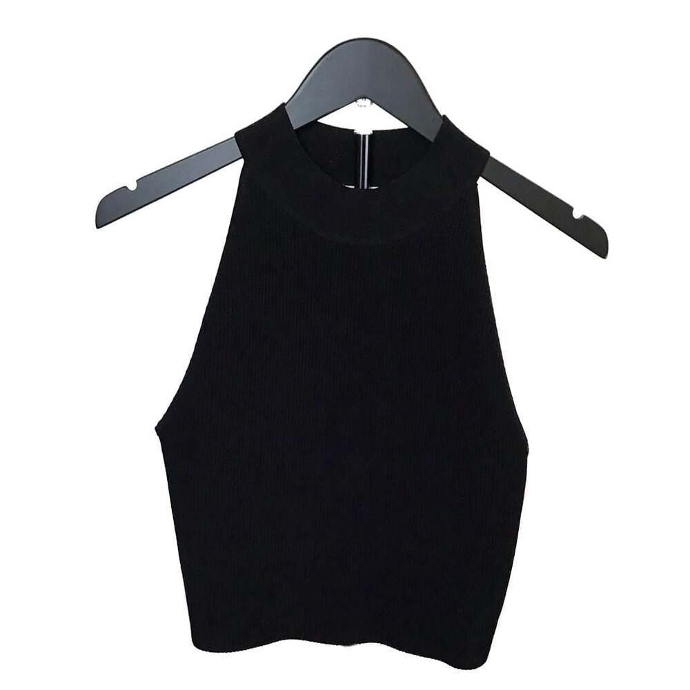 Aritzia Babaton Ribbed Halter Crop Top Mock Neck Black Size L Chic